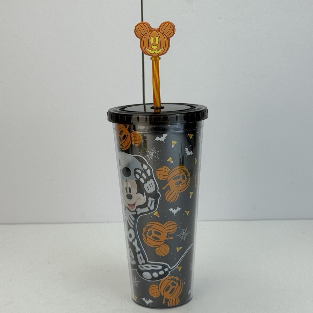 Disney Halloween Mickey Mouse Skeleton Tumbler with Pumpkin Mickey Straw‎ - Picture 2 of 16